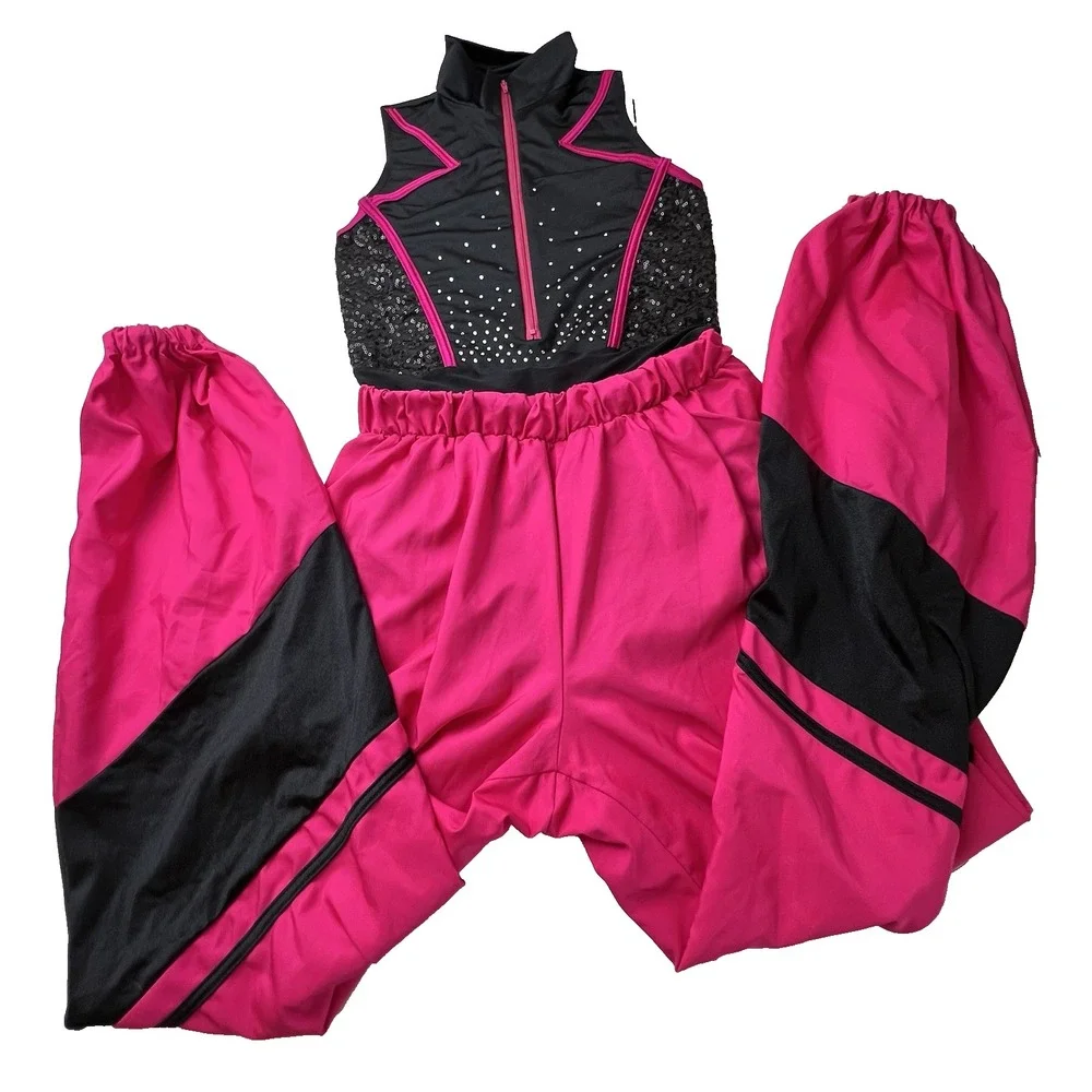 Weissman Hip Hop Dance Costume Jumpsuit Jogger Mesh Pink Black Sequin #16721 MA